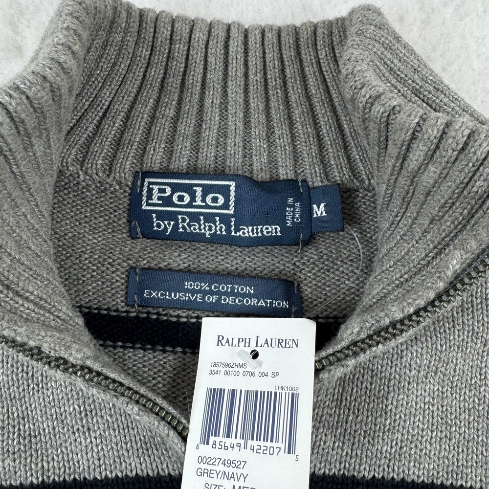 Polo By Ralph Lauren Sweater Mens Size M Gray Striped 1/4 Zip Mock Neck Knit - Picture 2 of 8